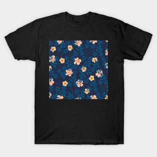 Blue leaf and florals on navy blue T-Shirt